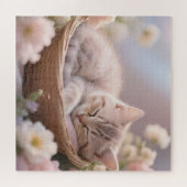 Dromerige slapende kitten bloemenmand legpuzzel (Horizontaal)