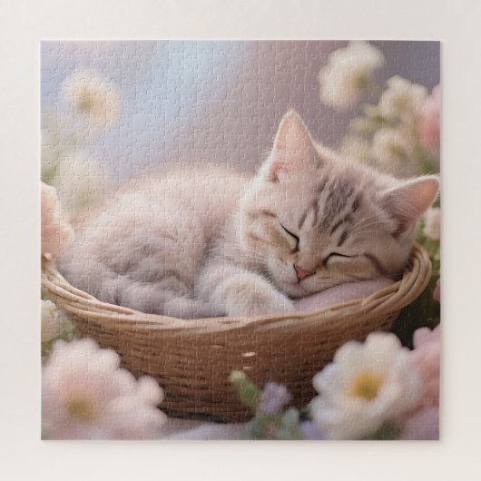 Dromerige slapende kitten bloemenmand legpuzzel (Verticaal)