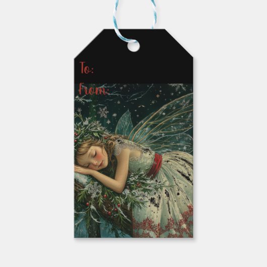 Dromerige sneeuwfee met vleugels in de winter cadeaulabel (Voorkant)
