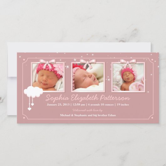 Dromerige sterren Drie foto's Baby Geboorteaankond Aankondiging (Voorkant)