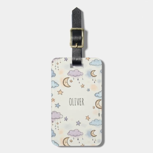 Dromerige sterren, manen en pluizige wolken bagagelabel (Voorkant verticaal)