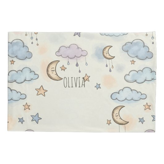 Dromerige sterren, manen en pluizige wolken kussensloop (Achterkant)