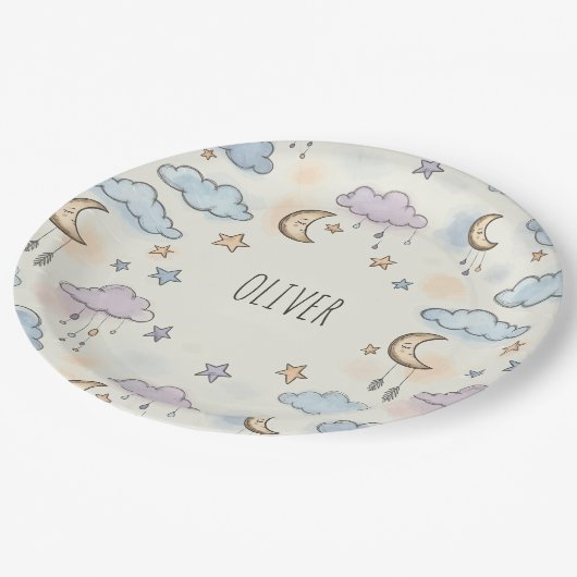Dromerige sterren, manen en pluizige wolken papieren bordje (Gekanteld)
