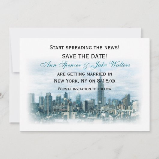 Dromerige Teal NYC Silhouette Save the Date H Kaart (Achterkant)