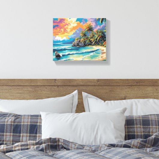 Dromerige Tropische Strand Zonsondergang Schilderi Canvas Afdruk (Insitu (Slaapkamer))
