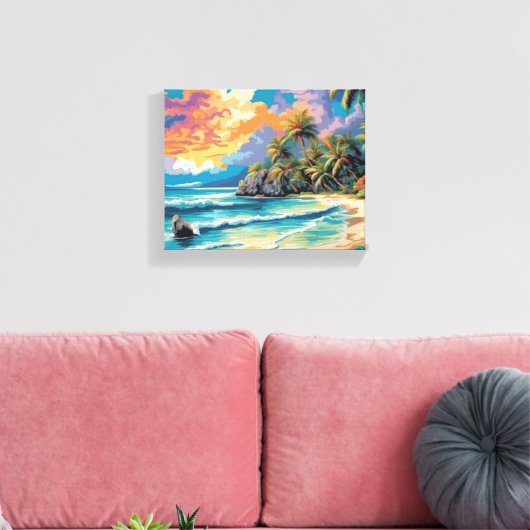Dromerige Tropische Strand Zonsondergang Schilderi Canvas Afdruk (Insitu (Woonkamer))