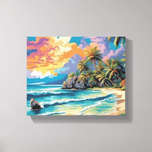 Dromerige Tropische Strand Zonsondergang Schilderi Canvas Afdruk (Voorkant)