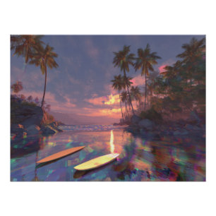 Dromerige tropische zonsondergang met glitchreflec perfect poster