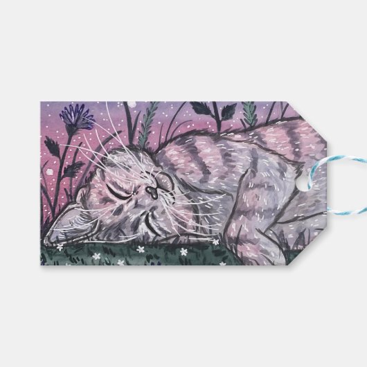 Dromerige Tuin Snooze Kat Aquarel Illustratie Cadeaulabel (Voorkant (Horizontaal))
