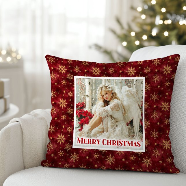 Dromerige Victoriaanse engel rode en gouden kerstk Kussen (Dreamy Victorian Angel Red and Gold Holiday Pillow)
