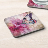 Dromerige vlinder met roze bloemen bier onderzetter (Linkerzijde)