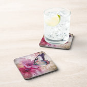 Dromerige vlinder met roze bloemen bier onderzetter (Rechterzijde)