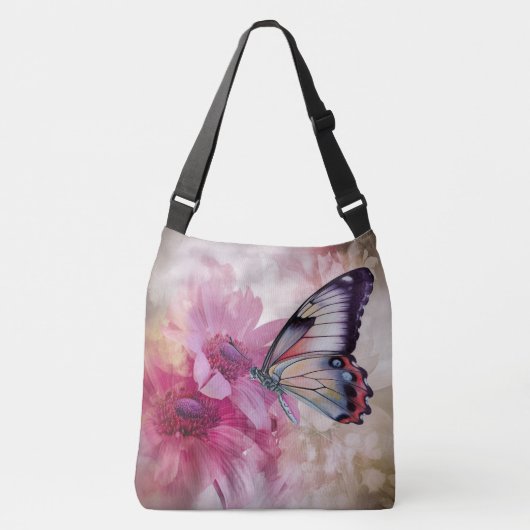 Dromerige vlinder met roze bloemen crossbody tas (Voorkant)