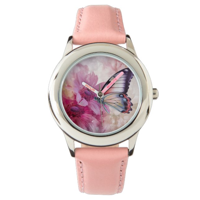 Dromerige vlinder met roze bloemen horloge (Voorkant)
