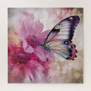 Dromerige vlinder met roze bloemen legpuzzel