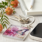 Dromerige vlinder met roze bloemen sleutelhanger (Voorkant Rechts)