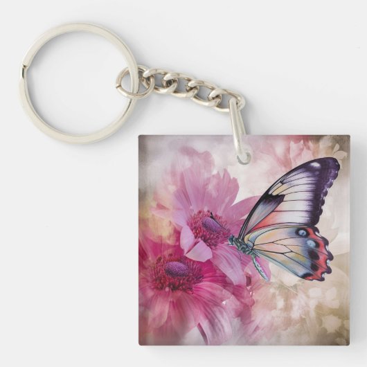 Dromerige vlinder met roze bloemen sleutelhanger (voorkant)