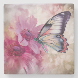 Dromerige vlinder met roze bloemen stenen onderzetter
