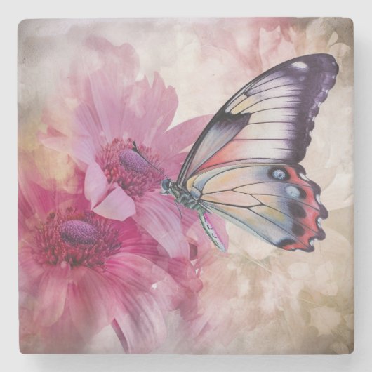 Dromerige vlinder met roze bloemen stenen onderzetter (Voorkant)