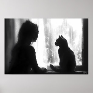 Dromerige vrouw met kat in de regen bij het raam poster