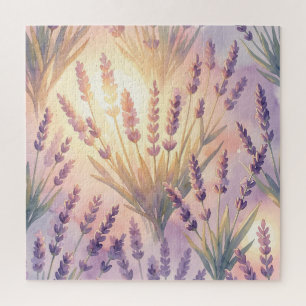Dromerige waterverf lavendel paarse bloempatroon legpuzzel