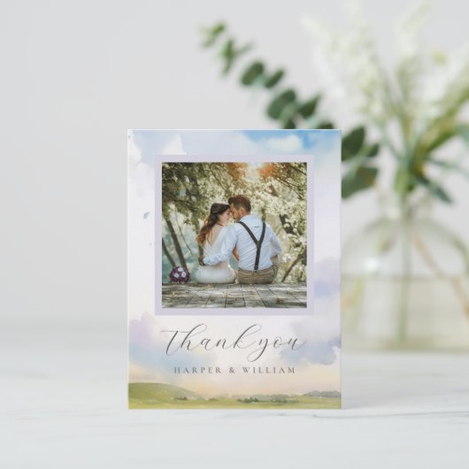 dromerige waterverf wolken bruiloft foto dank u briefkaart (Staand voorkant)