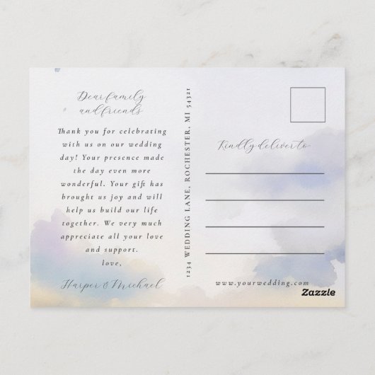 dromerige waterverf wolken bruiloft foto dank u briefkaart (Achterkant)