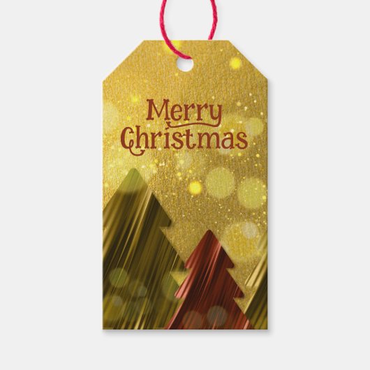 Dromerige wazige gouden en rode kerstbomen cadeaulabel (Voorkant)