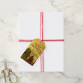 Dromerige wazige gouden en rode kerstbomen cadeaulabel (Met Touw)