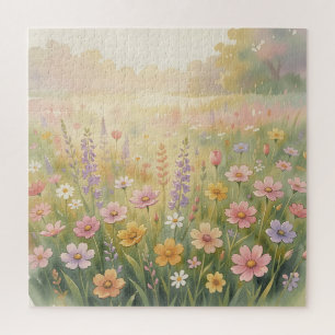 Dromerige Wilde Bloemenweide Waterverf Pastel Bloe Legpuzzel