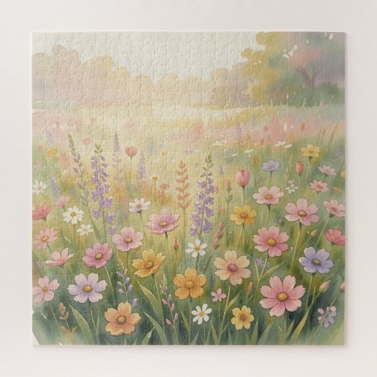 Dromerige Wilde Bloemenweide Waterverf Pastel Bloe Legpuzzel (Verticaal)