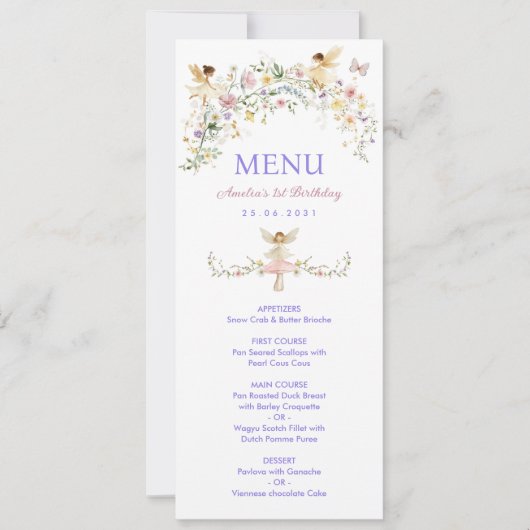 Dromerige Wildflower Fairy Verjaardag Menu Kaart (Voorkant)