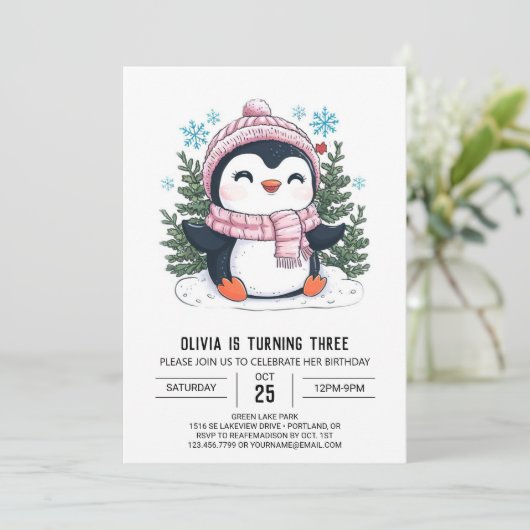 Dromerige Winter Penguin Digitale Verjaardag Kaart (Staand voorkant)