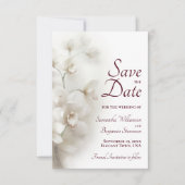 Dromerige witte orchideeën Bourgondische tekst bru Save The Date (Voorkant)