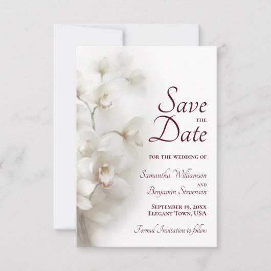 Dromerige witte orchideeën Bourgondische tekst bru Save The Date (Voorkant)