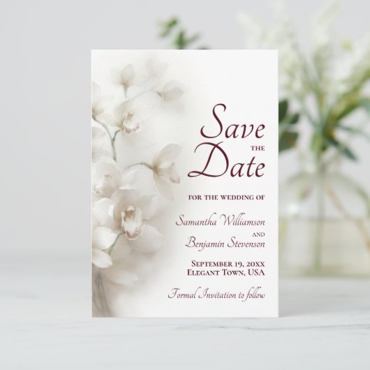 Dromerige witte orchideeën Bourgondische tekst bru Save The Date (Staand voorkant)