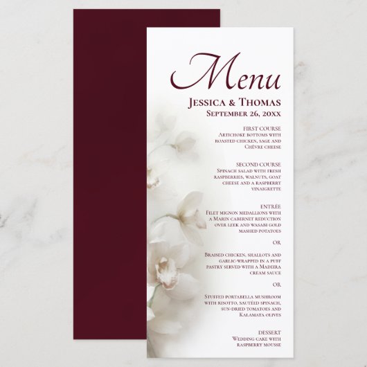 Dromerige Witte Orchideeën Elegante Burgundy Bruil Menu (Voorkant / Achterkant)
