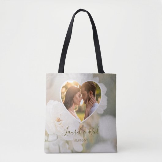 Dromerige Witte Roos Custom Foto Huwelijksnamen Tote Bag (Voorkant)