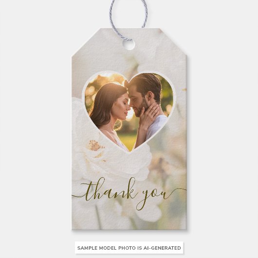 Dromerige witte roos hart foto bruiloft bedankt cadeaulabel
