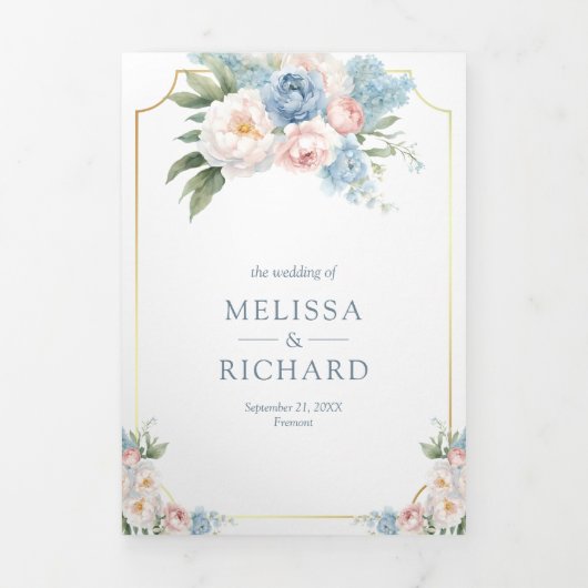 Dromerige Zachte Blauwe Roze Bloemen Alles in Één Drieluik Uitnodiging (Cover)