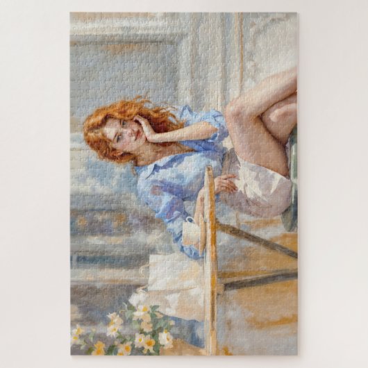 Dromerige zachte roodharige vrouw in zachte kleure legpuzzel (Verticaal)