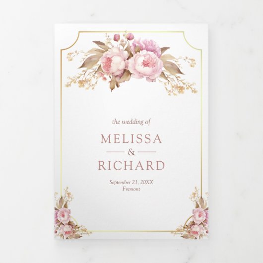 Dromerige Zachte Roze Bloemen Goud Alles in Één Hu Drieluik Uitnodiging (Cover)