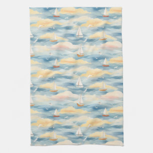 Dromerige zeilboten Oceaan Watercolor Patroon (2) Theedoek