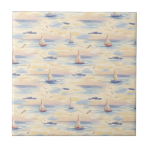 Dromerige zeilboten Oceaan Watercolor Patroon (4) Tegeltje