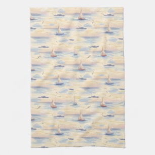 Dromerige zeilboten Oceaan Watercolor Patroon (4) Theedoek