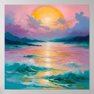 Dromerige Zonsondergang Boven Oceaan Golven – Past Poster