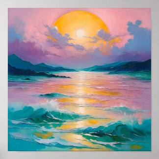 Dromerige Zonsondergang Boven Oceaan Golven – Past Poster