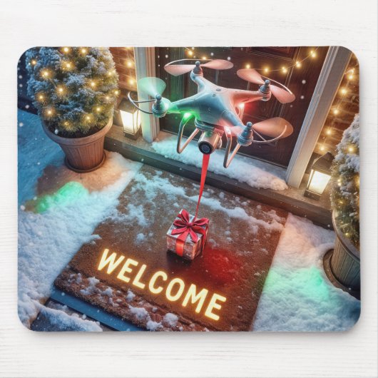 Drone geeft kerstcadeau muismat (Voorkant)