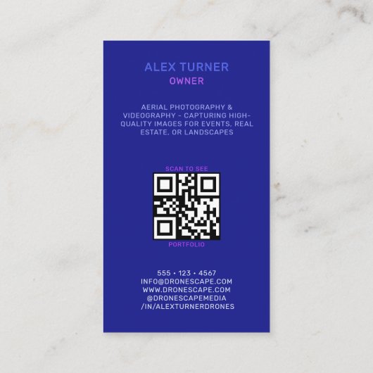Drone Pilot Fotografie QR Code Modern Zwart Visitekaartje (Achterkant)