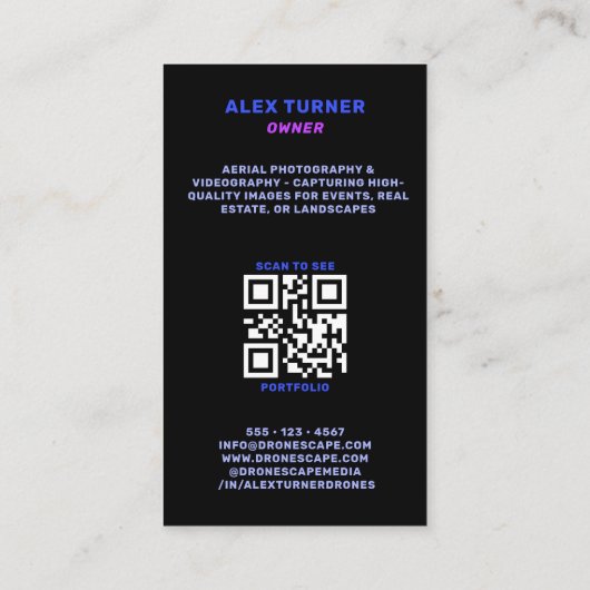 Drone Pilot UAV Fotografie QR Code futuristisch Visitekaartje (Achterkant)